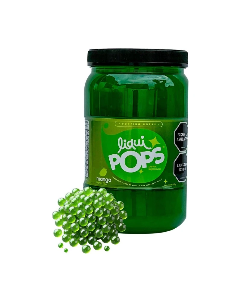 Tarro LiquiPops Mango Biche 1150g — perlas explosivas en almíbar, fondo blanco